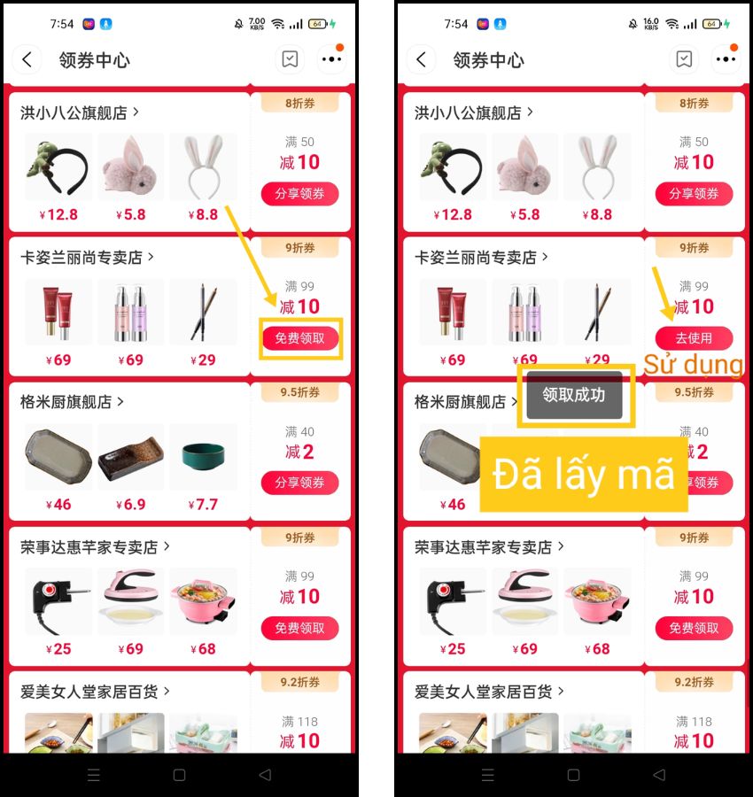 Áp mã giảm giá taobao trên điện thoại