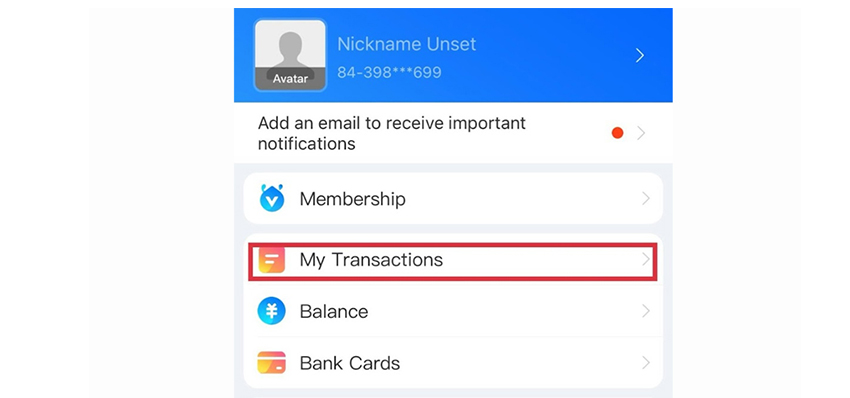 Xem lịch sử giao dịch để kiểm tra hạn mức alipay