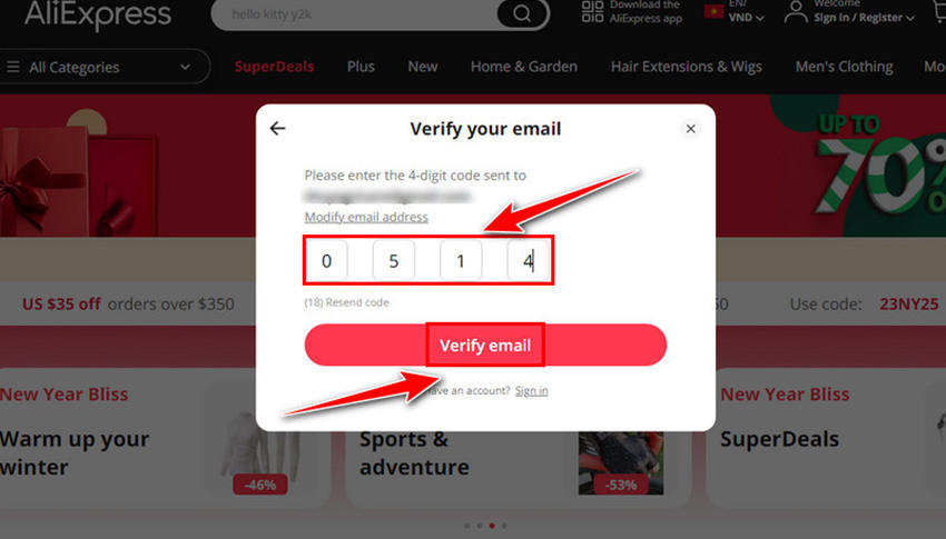 Cách đăng ký tài khoản Aliexpress mới bằng email
