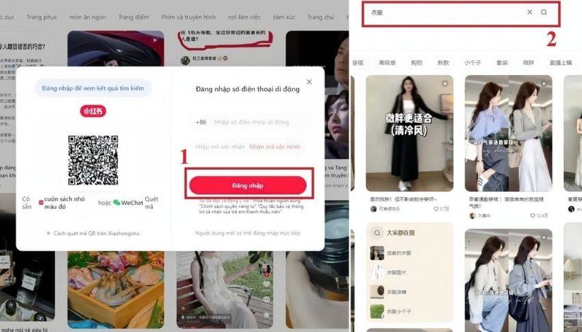 Các bước tìm kiếm sản phẩm trên ứng dụng Xiaohongshu bằng máy tính