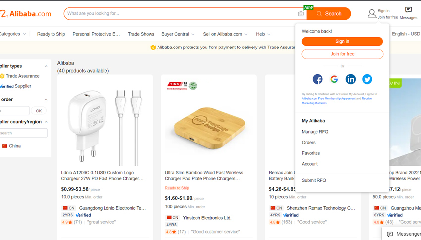  Chọn hình thức đăng ký hoặc đăng nhập nhanh bằng tài khoản alibaba