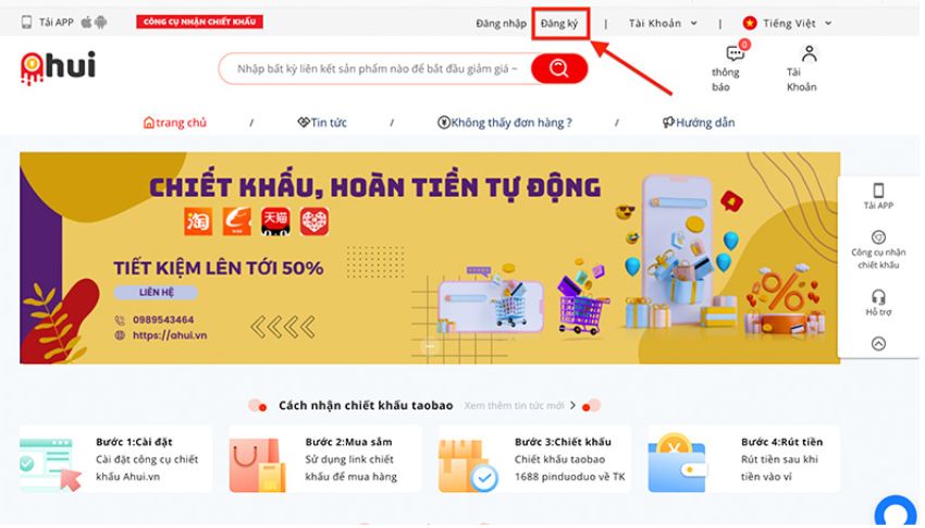 Đăng ký tài khoản trên app nhận chiết khấu Taobao
