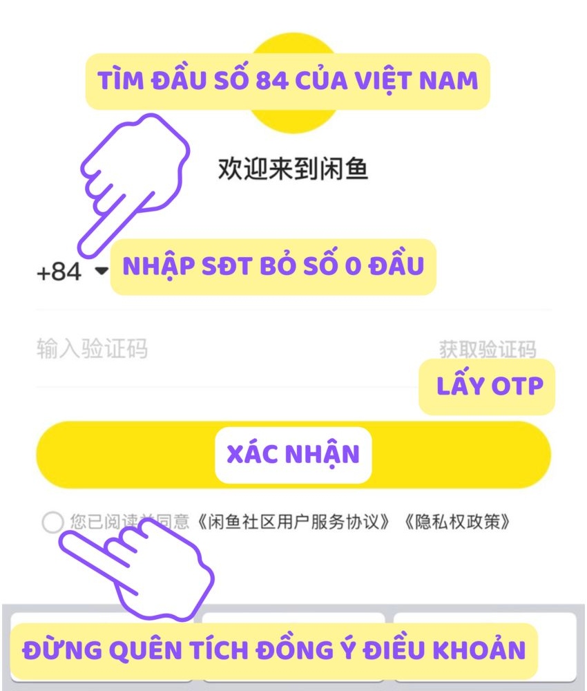Đổi mã vùng +84 và điền số điện thoại đăng ký tài khoản
