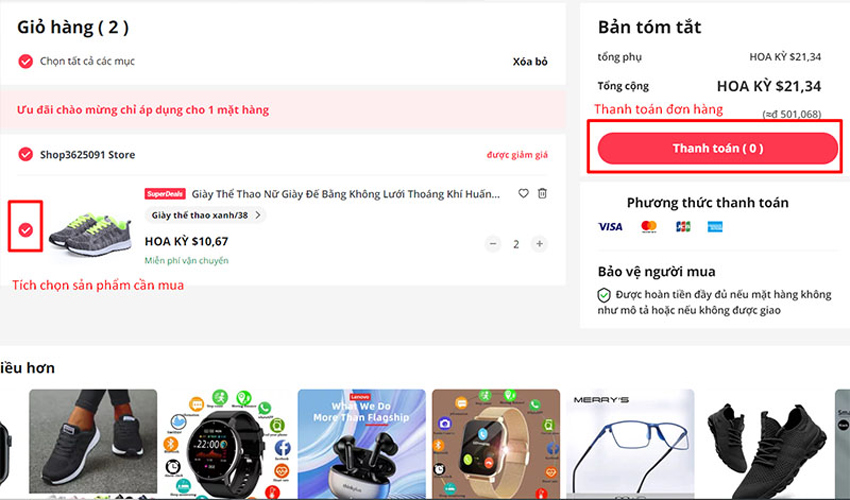 Kiểm tra giỏ hàng thanh toán aliexpress