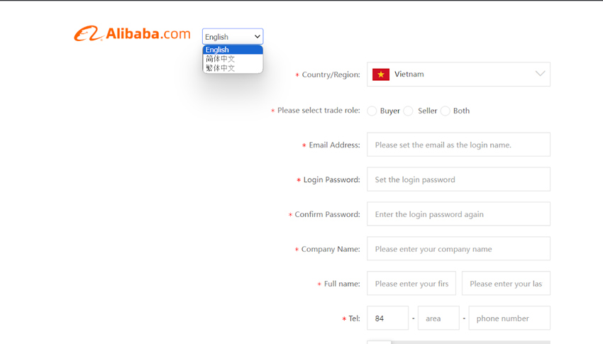 Nhập thông tin để tạo tài khoản alibaba