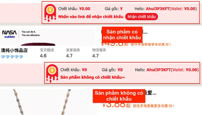 Lựa chọn sản phẩm có chiết khấu Taobao
