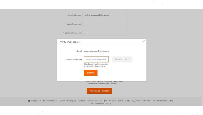 Xác nhận email và hoàn tất tạo tài khoản Alibaba