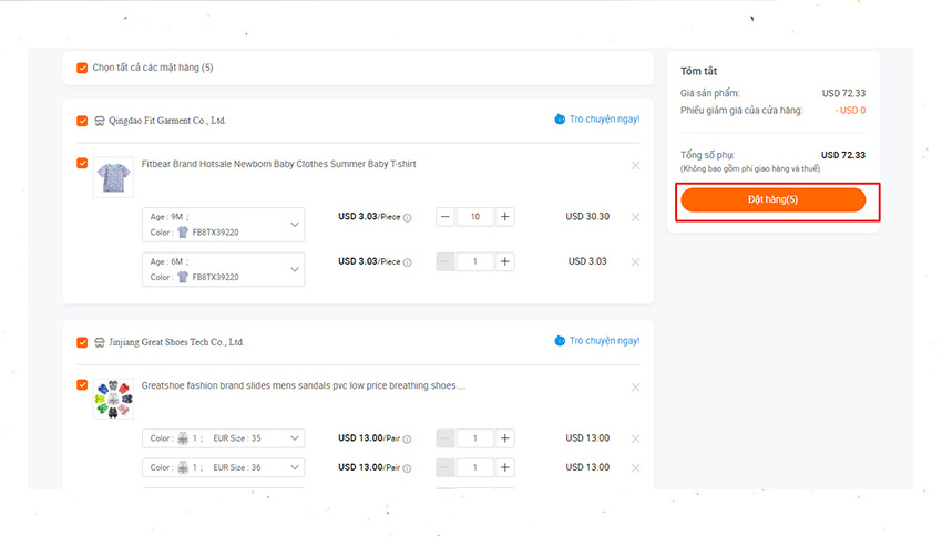 Chọn những mặt hàng cần mua và tiến hành đặt hàng Alibaba