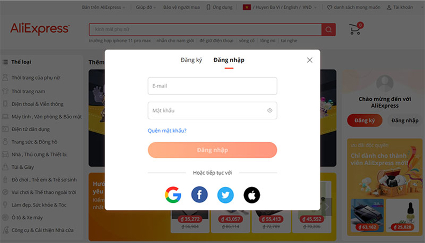 Tạo tài khoản đăng nhập Aliexpress