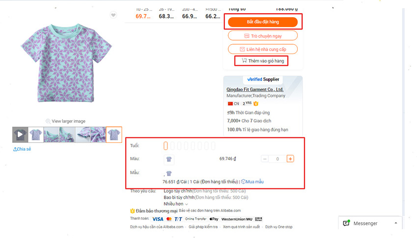 Chọn sản phẩm và them vào giỏ hàng Alibaba