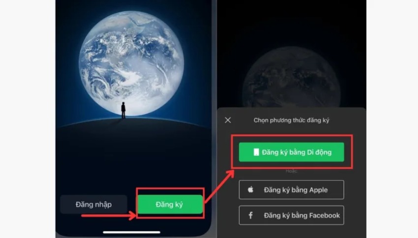 Mở app rồi nhấn chọn Đăng ký