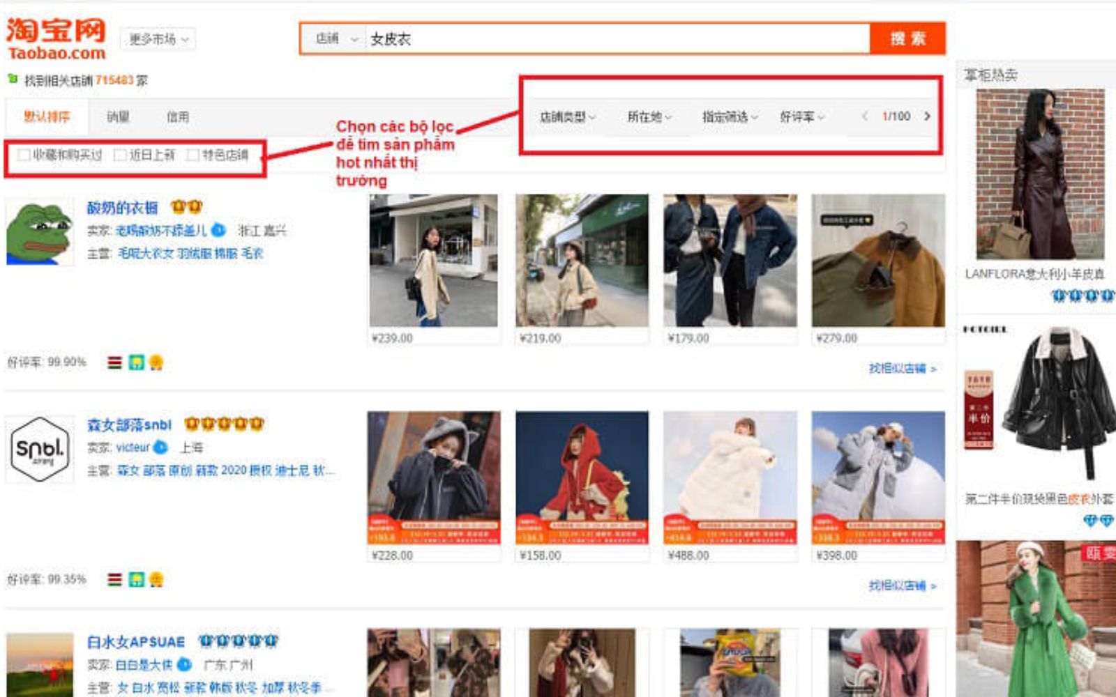 cách tìm sản phẩm hot trên taobao theo kết quả hiển thị cửa hàng bán chạy