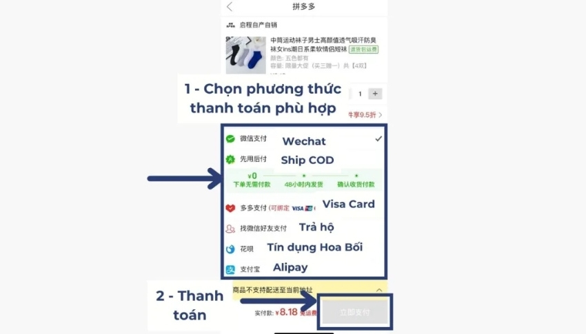 Tiến hành thanh toán đơn hàng Pinduoduo