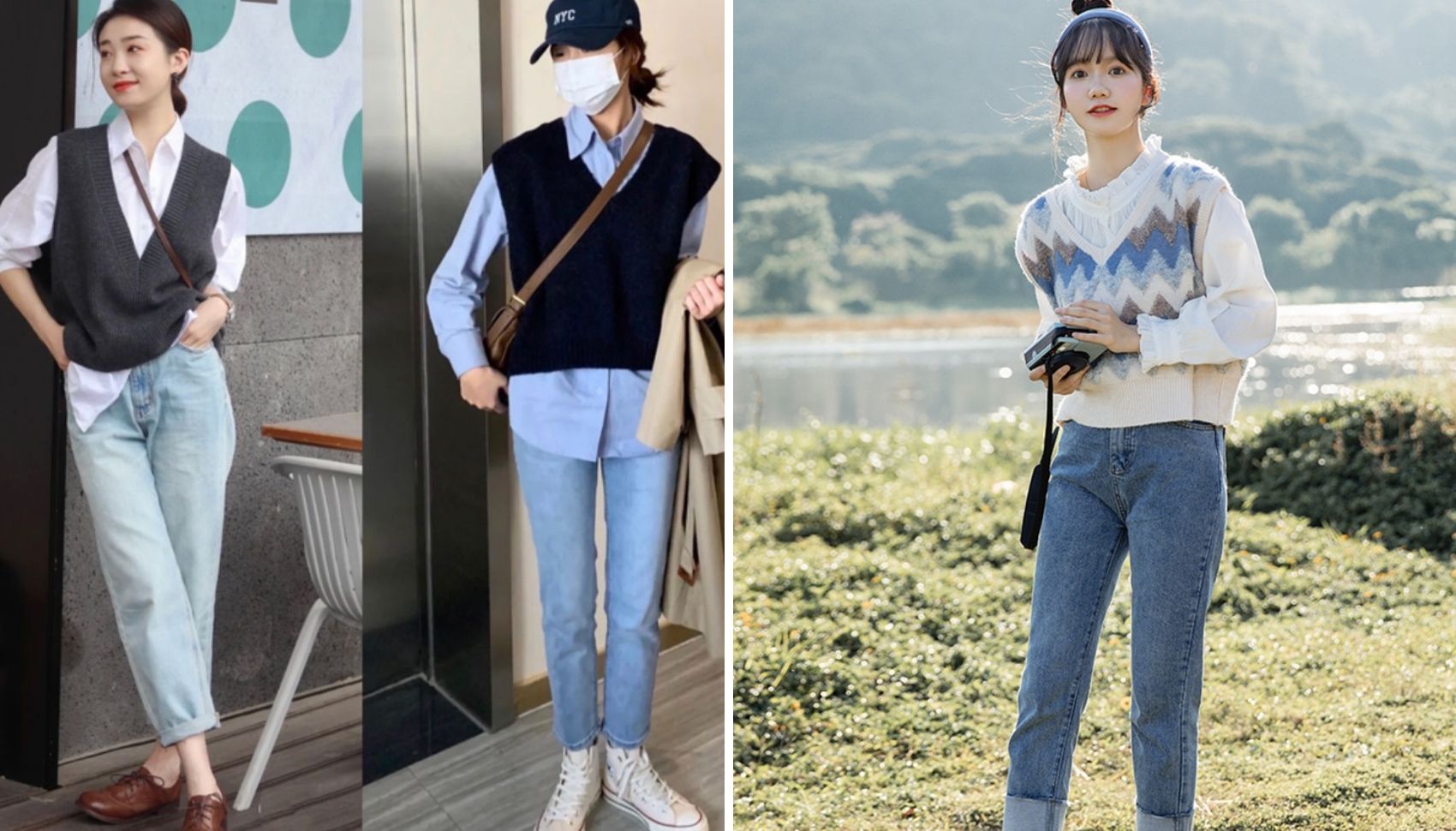 Phối áo gile vs sơ mi và quần jeans phong cách Ulzzang