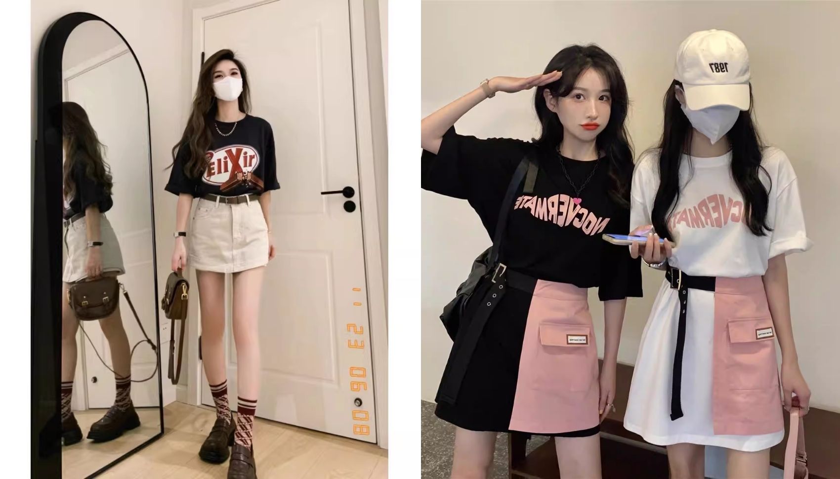 Set chân váy chữ A và áo phông Ulzzang Trung Quốc