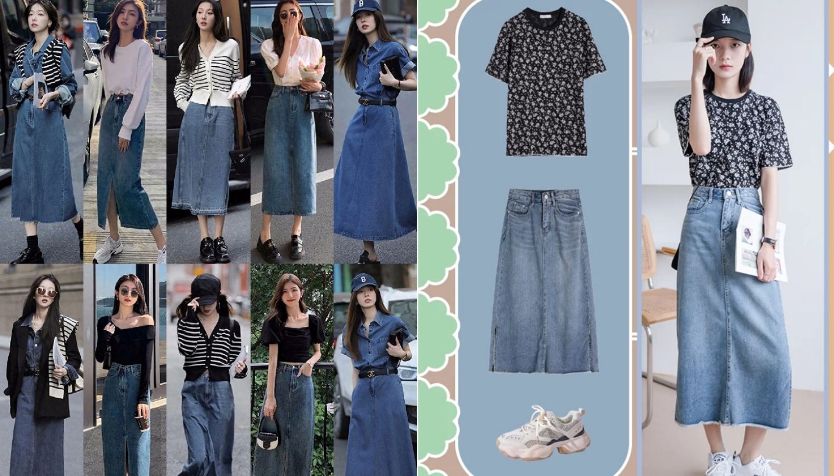 Mẫu phối đồ Ulzzang váy denim cùng áo thun và giày sneaker